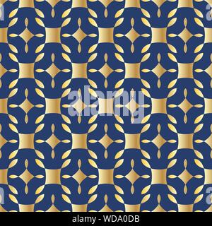 Seamless pattern with ordered arrangement of abstract geometric shapes. The illustration is made in gold shades on blue background. Vector EPS10 Stock Vector