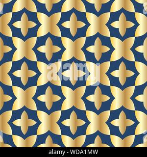 Seamless pattern with ordered arrangement of abstract geometric shapes. The illustration is made in gold shades on blue background. Vector EPS10 Stock Vector