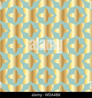 Seamless pattern with ordered arrangement of abstract geometric shapes. The illustration is made in gold shades on turquoise background. Vector EPS10 Stock Vector