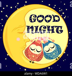 Good night. A postcard with a dozing crescent, two lovely cartoon owls and text. Stock Vector