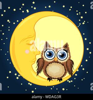 Cute cartoon brown owl sits on the slumbering crescent moon in the night sky with stars Stock Vector