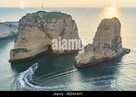 Magical sunset on Raouche, Pigeons' Rock. In Beirut, Lebanon Stock Photo