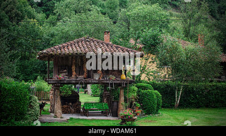 Horreo, old wooden building used as elevated granary. Cangas de Onis, Asturias, Spain Stock Photo