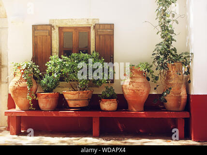 Picturesque textured wall with a window and plants in ceramic flower pots on a bench, sunlit, detail of small church in Greece, Crete Stock Photo