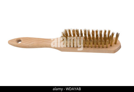 Wire brush with wooden handle isolated on a white background. Metal wire brush for rust removal Stock Photo