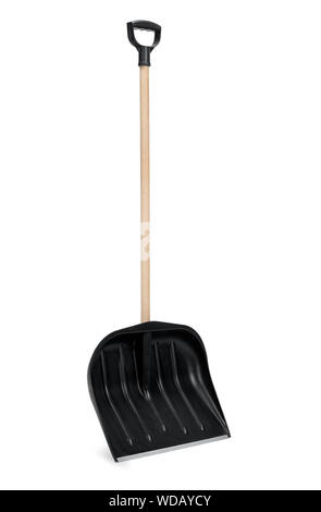 Plastic snow shovel with wooden handle isolated on white background Stock Photo