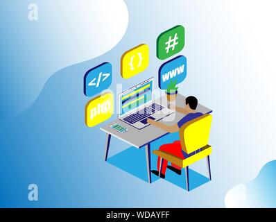 Programmer, great design for any purposes. Isometric people vector. Office business concept. Digital technology concept, vector illustration. Modern Stock Vector