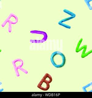 Seamless pattern with alphabet. Handmade modeling clay letters. Realistic 3d vector lettering background. Stock Vector