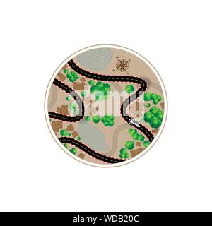 Abstract circle wallpaper with black road and sample text and city map with trees and buildings Stock Vector