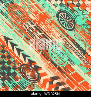 Three color background with grunge tire tracks and ink blots Stock Vector