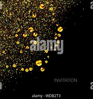 Gold sparkles corner on black background. Gold glitter background. Golden card, vip, exclusive, certificate, gift, luxury, privilege, voucher, store Stock Vector