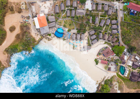 Dramatic top down view of the Dream beach and rugged coast in Nusa Lembongan in Bali, Indonesia