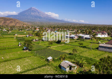 Dramatic view of Mt Agung volcano rising above the rice paddies in north Bali, near Amed, in Indonesia, Southeast Asia Stock Photo