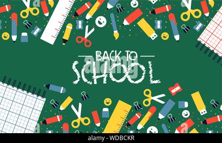 Back to school card illustration of colorful children class supplies in flat cartoon style. Student elements on green chalkboard background for fun ki Stock Vector