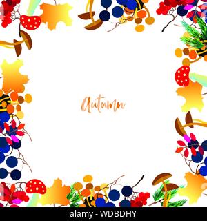 Autumn vector frame with berries, acorns, pine cone, mushrooms, branches and leaves. Stock Vector
