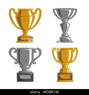 Vector icons of sports cups, consisting of 4 isolated illustrations on white background: two golden cups and 2 symbol of victory of silver metal Stock Vector