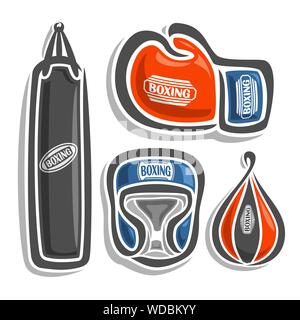 Vector illustration of icons for boxing, consisting of 4 isolated illustrations on white background: speed ball and bag, red fight glove and blue pugi Stock Vector