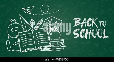 Back to school greeting card illustration of chalk hand drawn backpack and class supplies on chalkboard background for education concept. Stock Vector