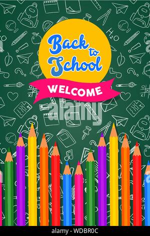 Back to school greeting card illustration of colorful color pencils on chalkboard background with doodle icons for education concept. Stock Vector