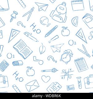 School icon seamless pattern illustration. Fun hand drawn children doodles on white notebook background for education concept. Stock Vector