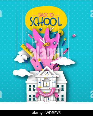 Back to school greeting card illustration of 3d papercut highschool or elementary building with paper cut children supplies. Colorful fun class event Stock Vector