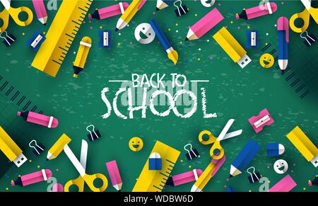 Back to school card illustration of colorful children class supplies in modern 3d papercut style. Paper cutout elements on green chalkboard background Stock Vector