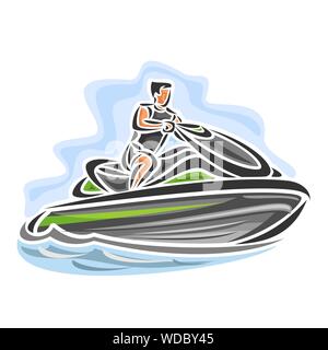 Vector illustration of logo for high-speed jet ski on blue background. Stock Vector