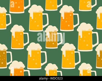 Glass of beer seamless pattern. Glasses and mugs on green background. Alcohol party. Vector illustration Stock Vector