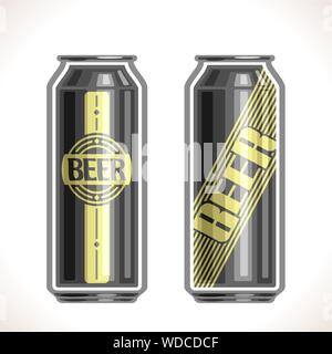 Vector cans of beer,consisting of 2 isolated aluminum metal black cans,filled to brim light lager pilsner and dark Porter beer on white background. On Stock Vector