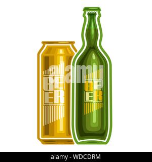 Vector logo for can and bottle beer, consisting of aluminum metal can and glass bottle filled light lager pilsner and dark Porter beer on white backgr Stock Vector