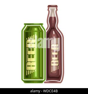 Vector logo for can and bottle beer, consisting of aluminum metal can and glass bottle filled light lager pilsner and dark Porter beer on white backgr Stock Vector