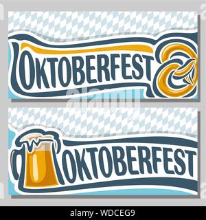 Vector invitations for oktoberfest, 2 isolated horizontal banners: pint beer mug and pretzel. Bavarian Oktoberfest pattern with white rhombus. Stock Vector