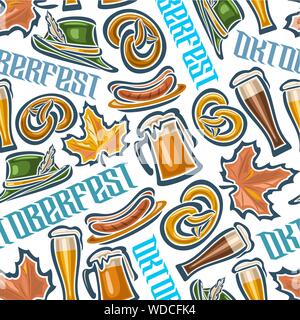 Vector bavarian seamless pattern for oktoberfest. On white background symbols of Oktoberfest: mug beer, pretzel, tyrolean hat and maple leaf. Stock Vector