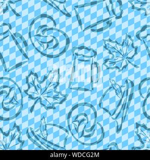 Vector bavarian seamless pattern for oktoberfest. On Background of blue rhombus diamond wallpaper - symbols of Oktoberfest: mug beer, pretzel, tyrolea Stock Vector