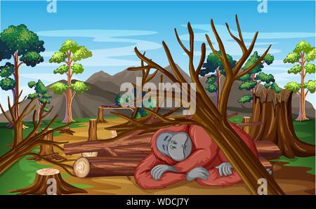 Pollution control scene with chimpanzee and deforestation • wall stickers  clip art, drawing, graphic | myloview.com