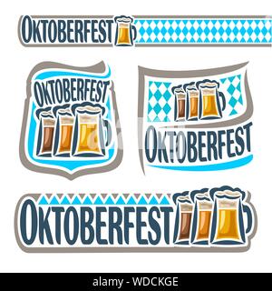 Vector set for oktoberfest with beer mugs. Emblem for Bavarian fest in Munich with alcohol drink. Banner for Oktoberfest with beer cup on blue rhombus Stock Vector