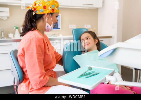 Pretty young girl a the dentist surgery for checkup with female dentist and assistant Stock Photo