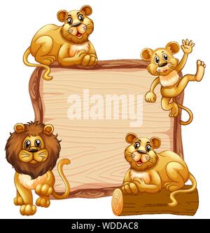 Border template design with cute lion family illustration Stock Vector