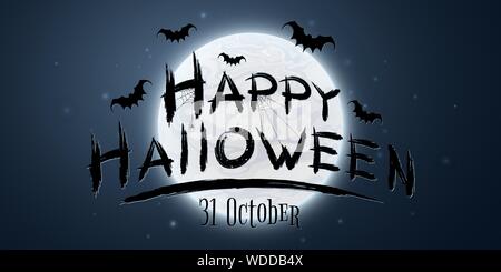 Festive text banner for Happy Halloween on the background of the full moon. Horrible grunge calligraphy with bats and spiders. Vector illustration. EP Stock Vector