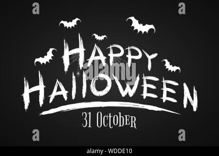 Festive text banner for Happy Halloween. Horrible grunge calligraphy with bats and spiders on a dark background. Vector illustration Stock Vector