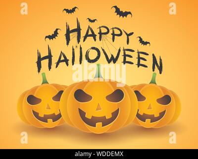 Background for Halloween. Smiling angry cartoon pumpkins on a orange background. Horrible grunge calligraphy with bats and spiders. Vector illustratio Stock Vector