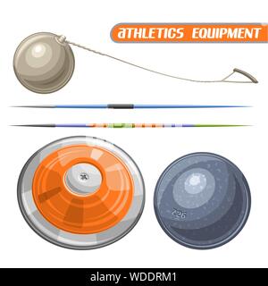 Vector icons for athletics equipment, consisting of abstract metal discus throw, shot put, throwing hammer, javelin. Track and field equipment for atl Stock Vector