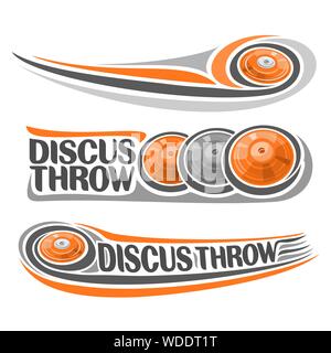 Vector logo for Athletics discus throw, consisting of disc flying on trajectory, 3 sports gray and orange throwing discs. Track and field athletics eq Stock Vector