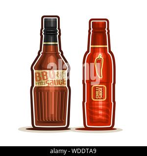 Vector BBQ and Chilli Sauce Bottles, container with red barbecue sauce with black cap, glass bottle with chili dressing isolated on white background, Stock Vector