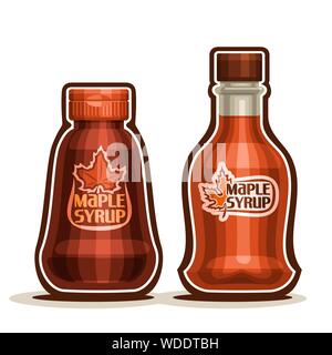 Vector Maple Syrup Bottles, jar sweet maple nectar with plastic cap, souvenir glass bottle of canadian syrup with leaf on label, isolated on white bac Stock Vector