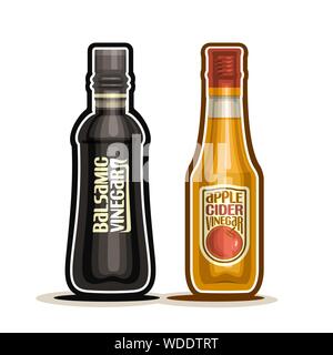 Vector Balsamic and Apple Cider Vinegar Bottles,container dark balsamico acetum with plastic cap, glass bottle of fruit apple vinegar with label isola Stock Vector