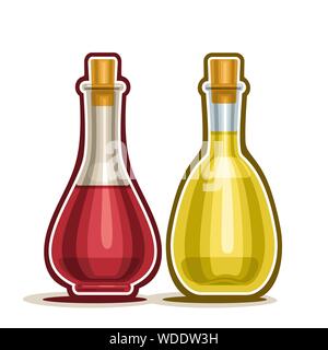 Vector Decanter with Red and White Wine Vinegar with cork wooden cap, cartoon cruet with olive oil isolated on white background. Stock Vector