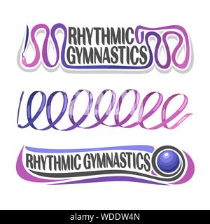 Vector abstract logo for rhythmic gymnastics, consisting of purple ribbon with handle and gymnastic blue ball. Decorative sports equipment. Stock Vector