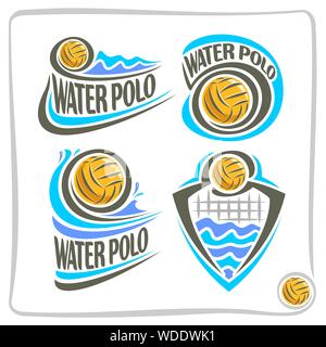 Vector abstract icons for Water Polo, signs for sports club, yellow water polo ball floating on background of summer waves, waterpolo equipment. Stock Vector