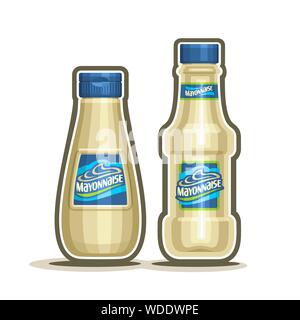 Vector Mayonnaise Bottles, plastic container with white pale mayo and blue cap, glass cartoon bottle with provencal sauce on white background, jar of Stock Vector